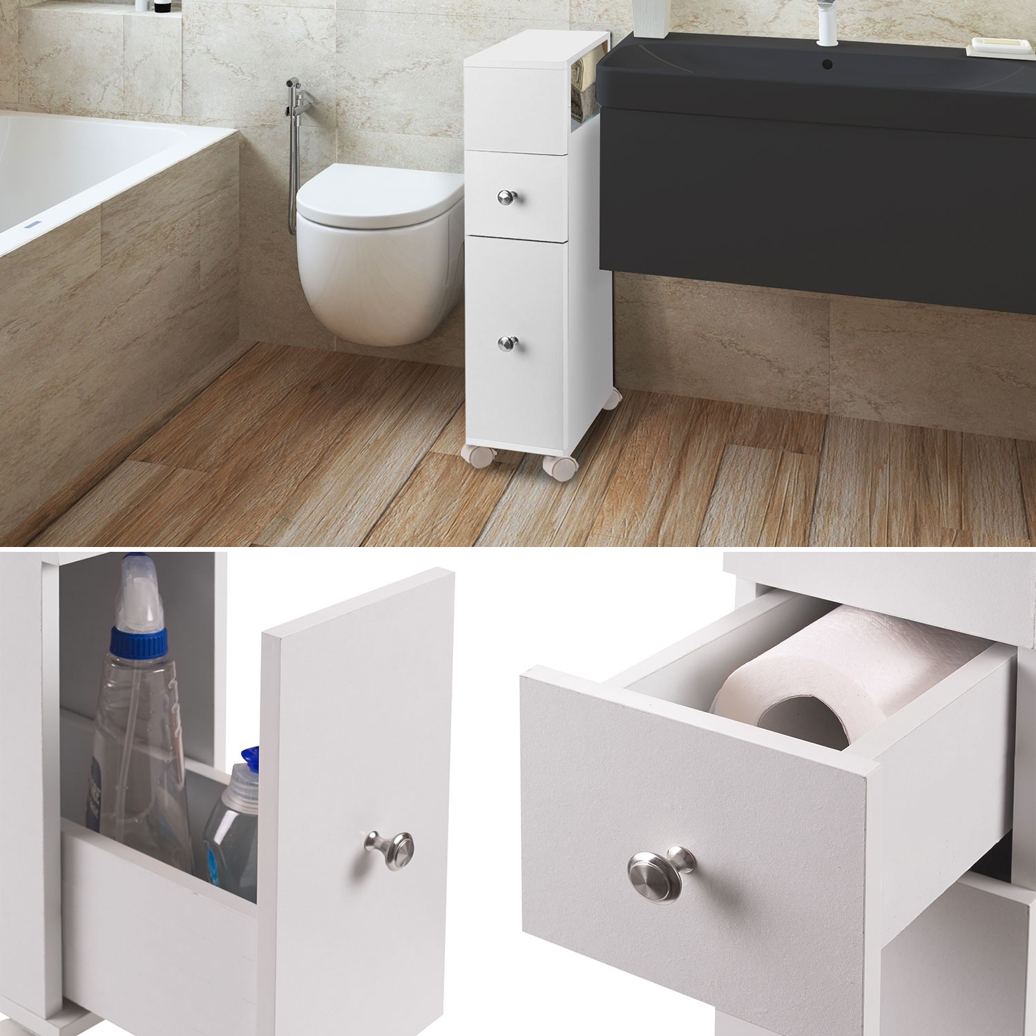 Meuble rangement WC sur roulettes 2 tiroirs blanc Meubles et aména...
