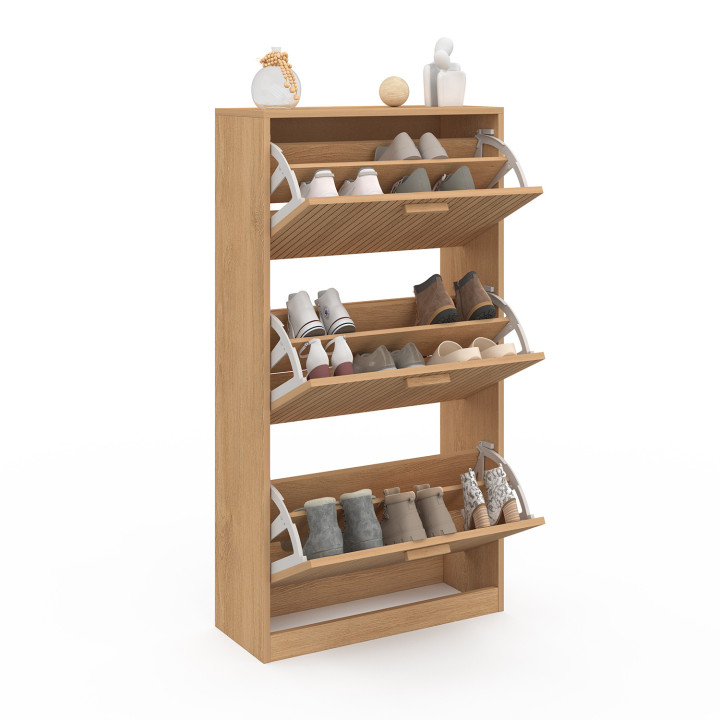 Zapatero de 18 piezas con 3 puertas de lamas de roble - JULIETTE | ID Market