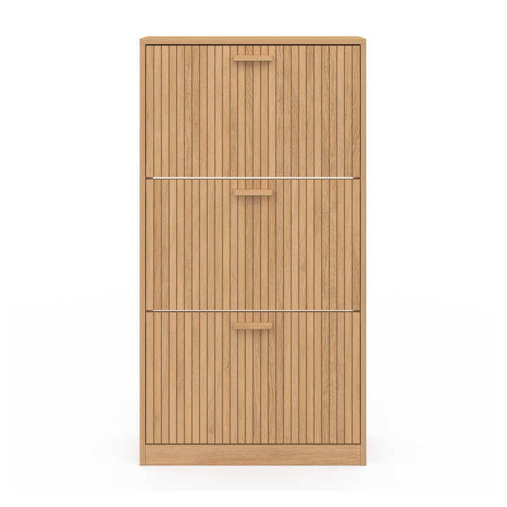 Meuble à chaussures 18 paires JULIETTE 3 portes lattes tasseau bois coloris chêne