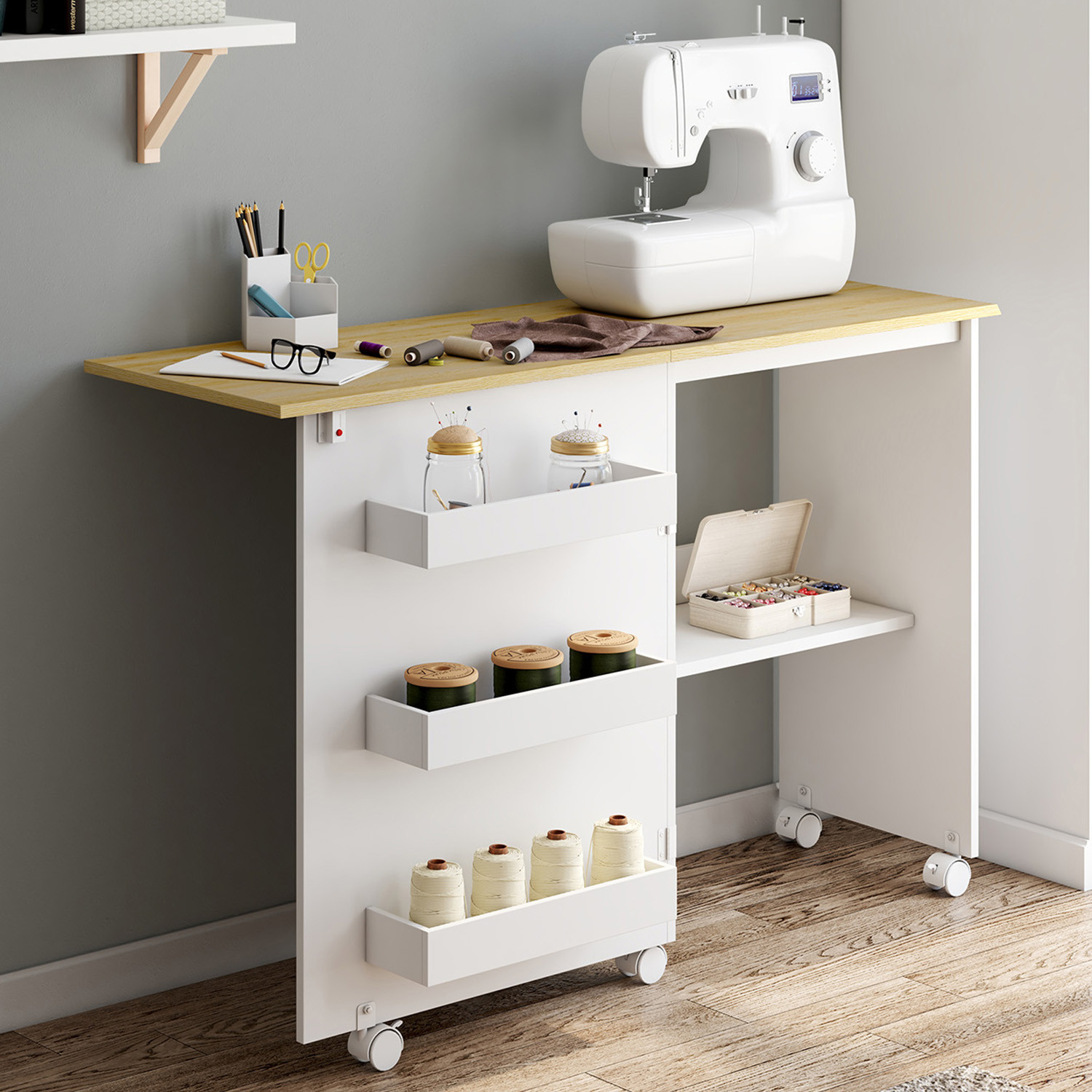 Table de couture pliante à roulettes avec plateau 118 cm et 4 étagères