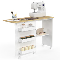 LIFEZEAL Opklapbare naaimachinekast, 2-in-1 naaikast, houten bureau met haken, opbergruimte en wielen, mobiele naaitafel naaimeubilair voor thuis en kantoor (natuur, 117 x 40 x 77 cm