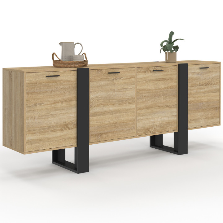 PHOENIX XXL 200 cm 4-deurs dressoir in hout en zwart