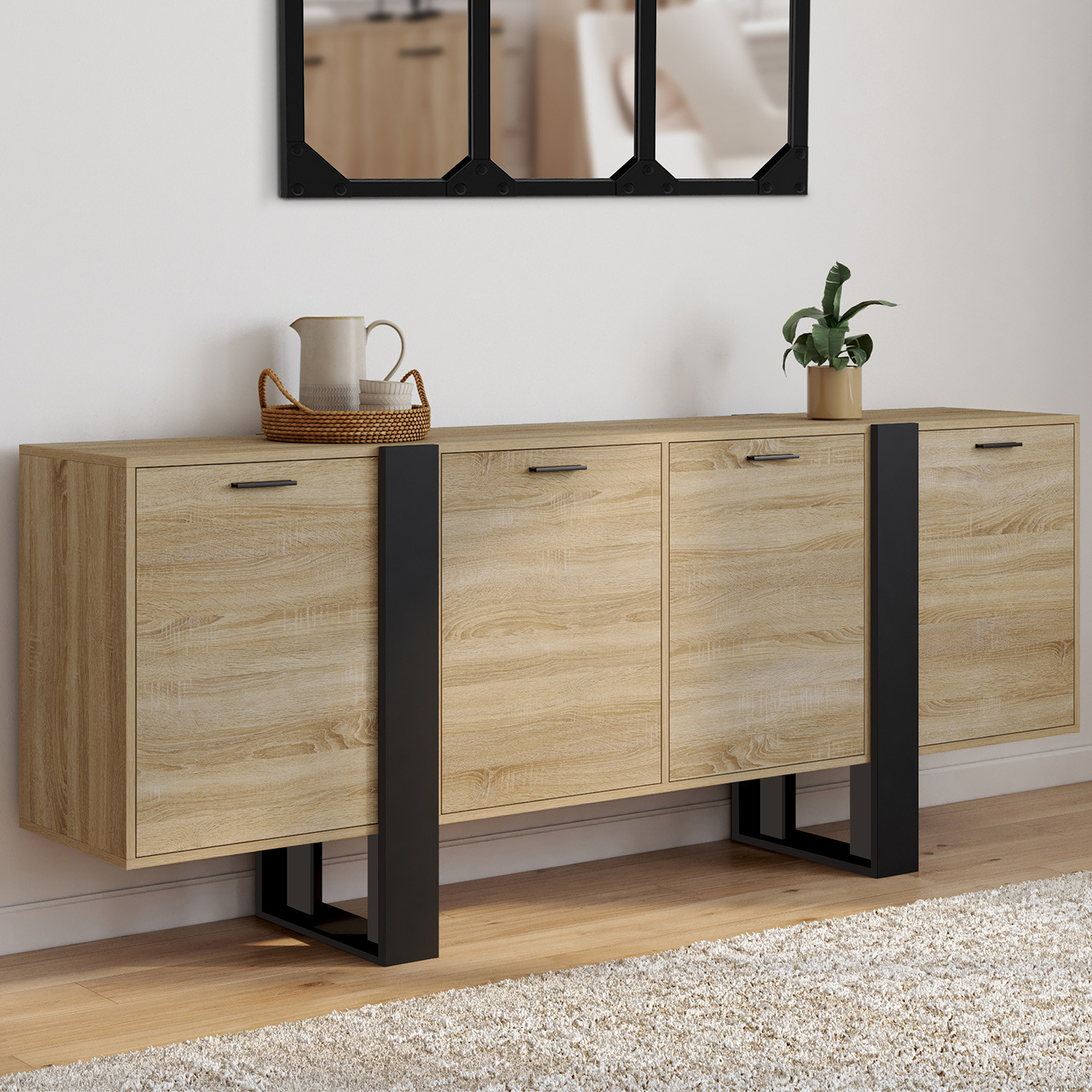 Buffet industriel 200 cm enfilade XXL bois et noir