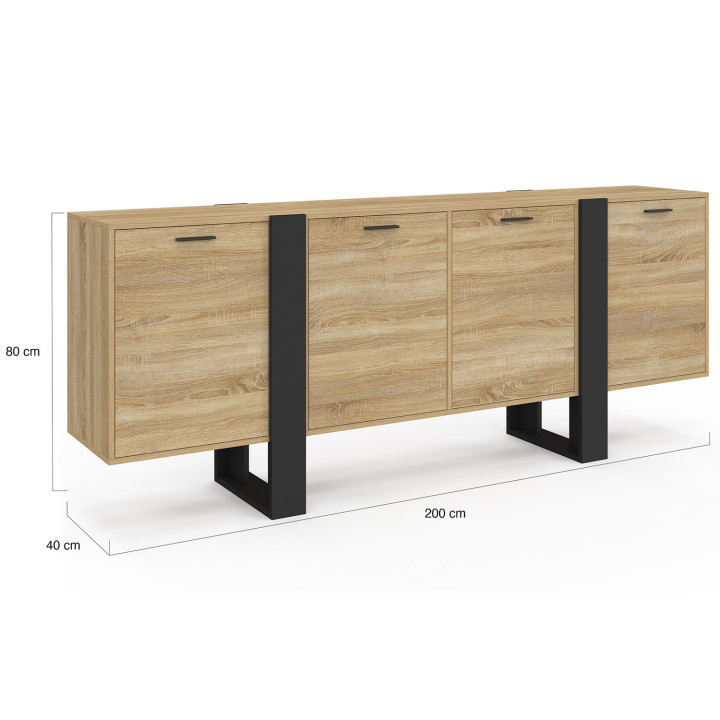 PHOENIX XXL 200 cm 4-deurs dressoir in hout en zwart
