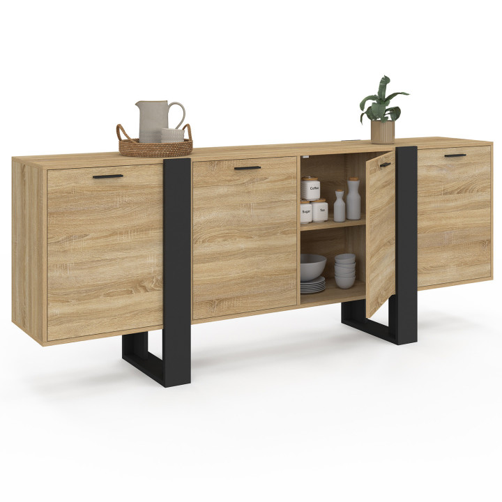PHOENIX XXL 200 cm 4-deurs dressoir in hout en zwart