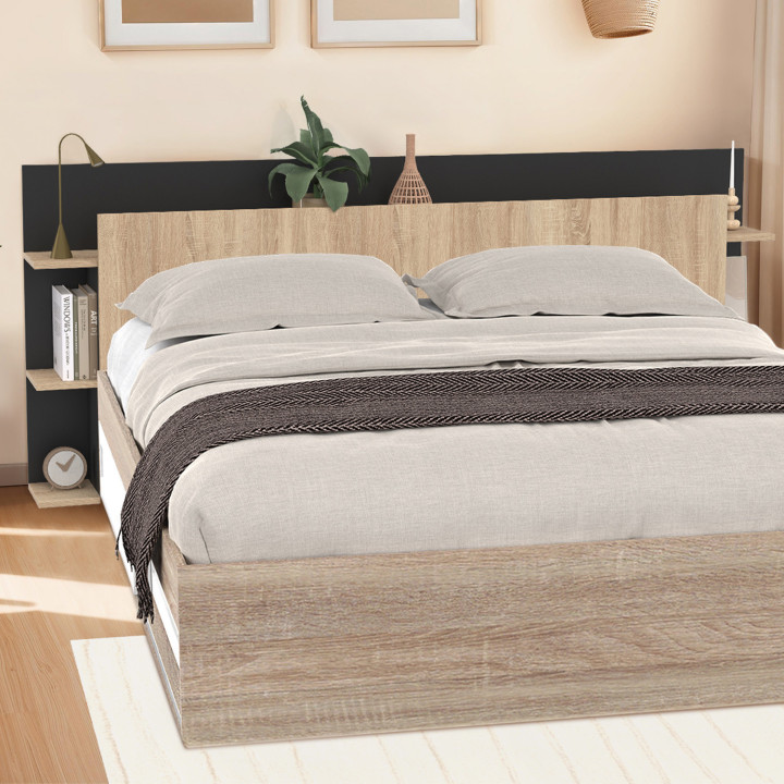 Testata con piedistallo in legno e nero per letti fino a 160 cm - CIRI | ID Market