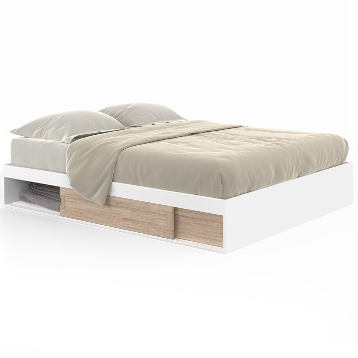 Cadre de lit 140x190cm avec rangements et sommier blanc et bois façon hêtre - SALEM | ID Market