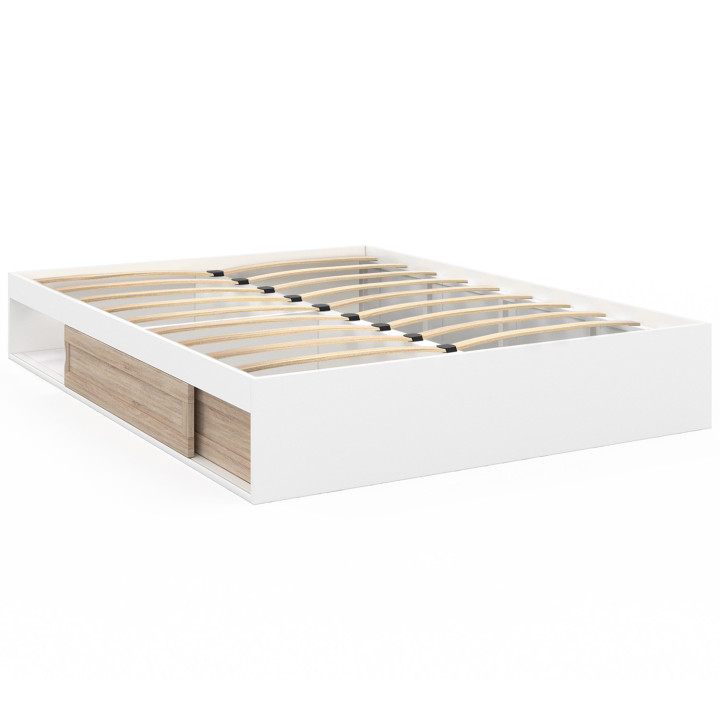 Cadre de lit 140x190cm avec rangements et sommier blanc et bois façon hêtre - SALEM | ID Market