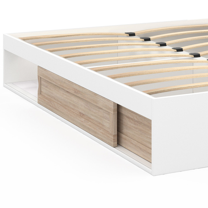 Cadre de lit double SALEM avec rangements et sommier 140 x 190 cm blanc et façon hêtre