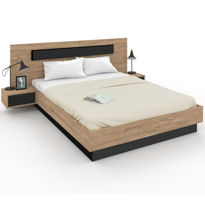 Tweepersoonsbed 160x200 met houten en zwart hoofdeinde en nachtkastjes - SANTA | ID Market