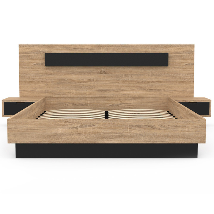 Lit double 160x200 avec tête de lit et tables de chevet bois et noir - SANTA | ID Market