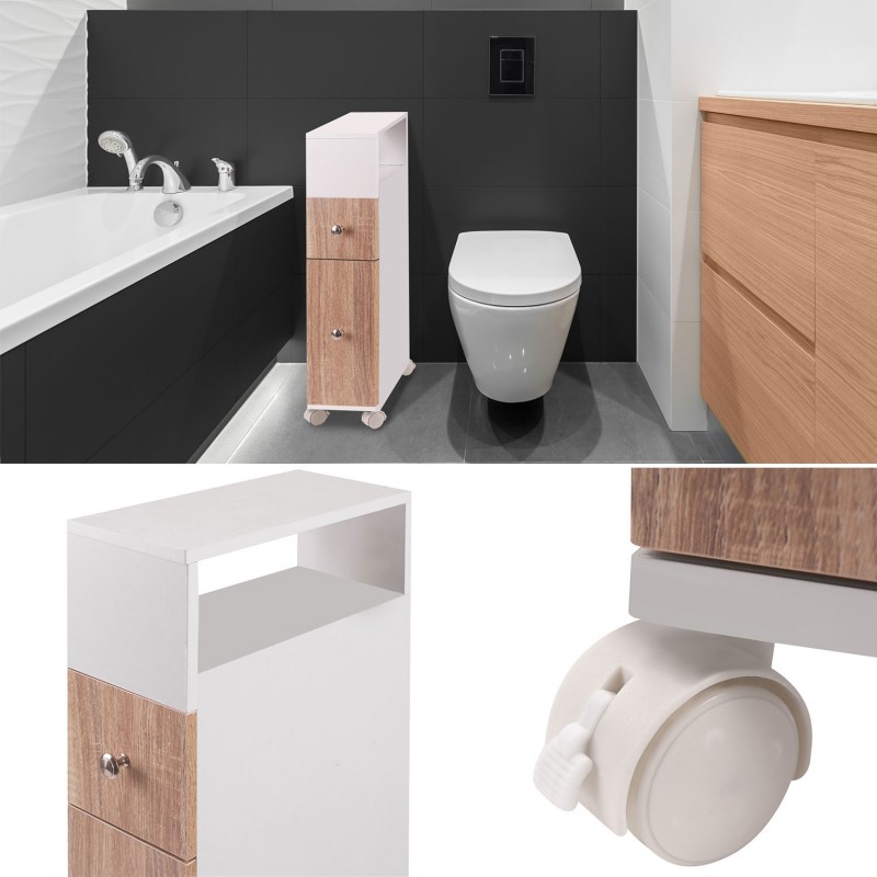 Meuble rangement WC sur roulettes 2 tiroirs hêtre Meubles et aména...