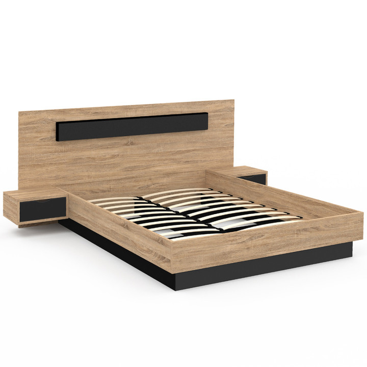 Tweepersoonsbed 160x200 met houten en zwart hoofdeinde en nachtkastjes - SANTA | ID Market