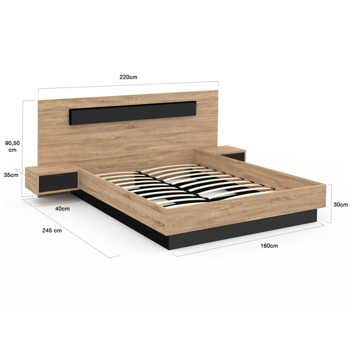 Tweepersoonsbed 160x200 met houten en zwart hoofdeinde en nachtkastjes - SANTA | ID Market
