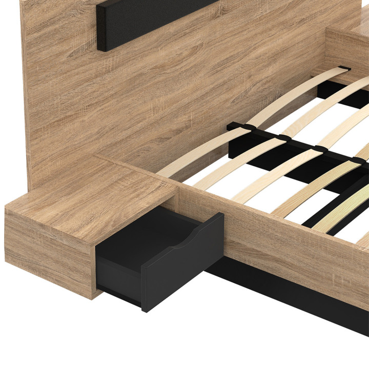 Tweepersoonsbed 160x200 met houten en zwart hoofdeinde en nachtkastjes - SANTA | ID Market