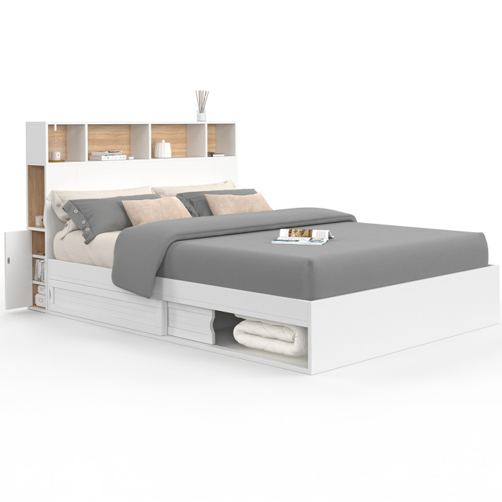 Lit double CLEM avec tête de lit, rangements et sommier 140 x 190 cm blanc