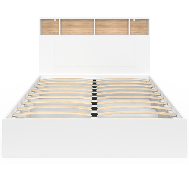 Tweepersoonsbed wit en beuken met hoofdbord, opbergruimte en lattenbodem 140x190 - CLEM | ID Market