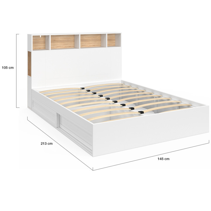 Lit double CLEM avec tête de lit, rangements et sommier 140 x 190 cm blanc