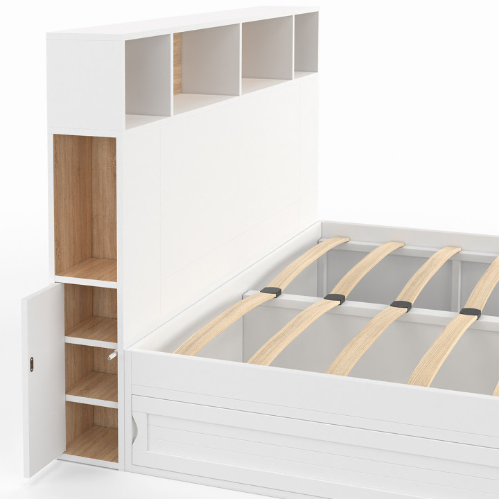 Tweepersoonsbed wit en beuken met hoofdbord, opbergruimte en lattenbodem 140x190 - CLEM | ID Market