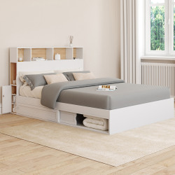 Lit double CLEM avec tête de lit, rangements et sommier 140 x 190 cm blanc