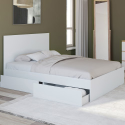 Lit double OMAHA 4 tiroirs sur roulettes avec tête de lit et sommier 140 x 190 cm blanc