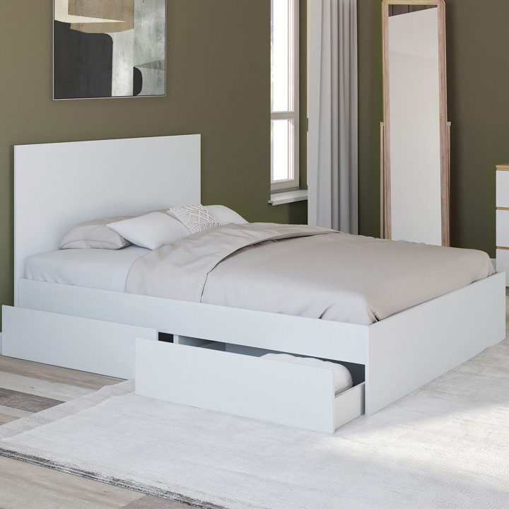 Tweepersoonsbed 140x190 wit 4 laden op wieltjes met hoofdeinde - OMAHA | ID Market