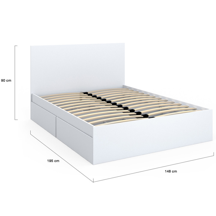 Tweepersoonsbed 140x190 wit 4 laden op wieltjes met hoofdeinde - OMAHA | ID Market