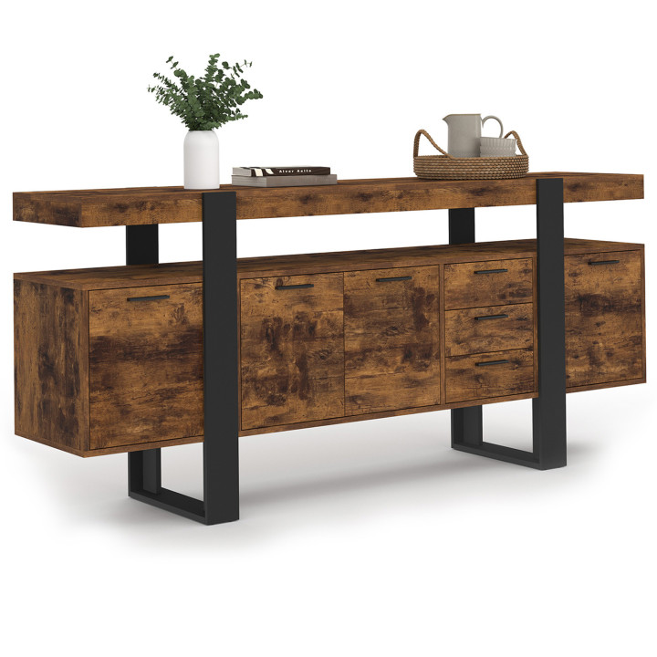 Buffet 180 cm PHOENIX XXL 4 portes avec 2 tiroirs bois effet vieilli et noir