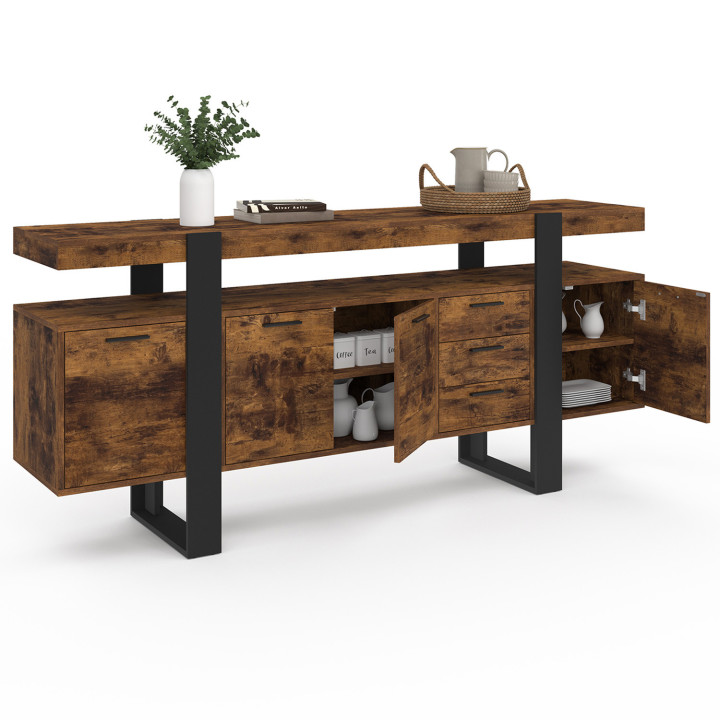 Buffet 180 cm PHOENIX XXL 4 portes avec 2 tiroirs bois effet vieilli et noir