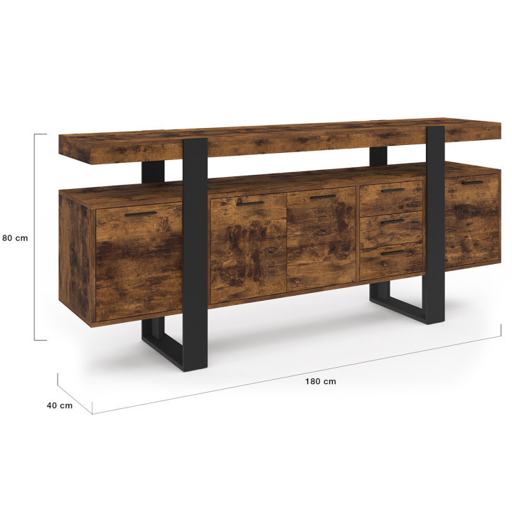 180 cm PHOENIX XXL 4-deurs dressoir met 2 houten laden met verouderd effect en zwarte laden