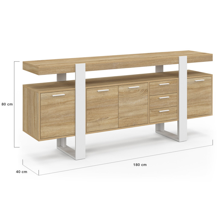 180 cm PHOENIX XXL Credenza a 4 ante con 2 cassetti in legno e bianco