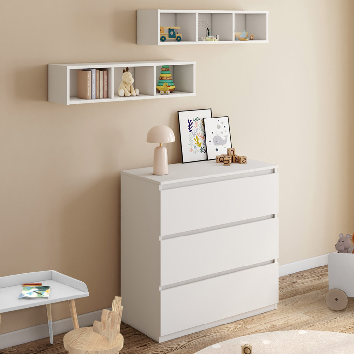 Commode à langer évolutive AMBRE blanc 3 tiroirs table à langer et 2 étagères amovibles