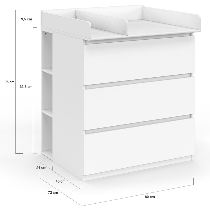 Commode à langer évolutive AMBRE blanc 3 tiroirs table à langer et 2 étagères amovibles