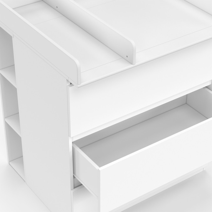 Commode à langer blanc 3 tiroirs avec plan à langer et 2 étagères arrières