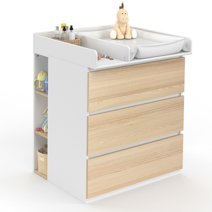 AMBRE commode, afwerking beuken en wit 3 laden, commode en 2 uitneembare planken