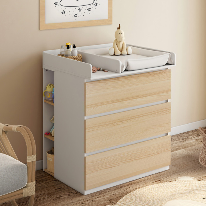 AMBRE commode, afwerking beuken en wit 3 laden, commode en 2 uitneembare planken