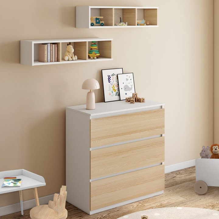 AMBRE commode, afwerking beuken en wit 3 laden, commode en 2 uitneembare planken