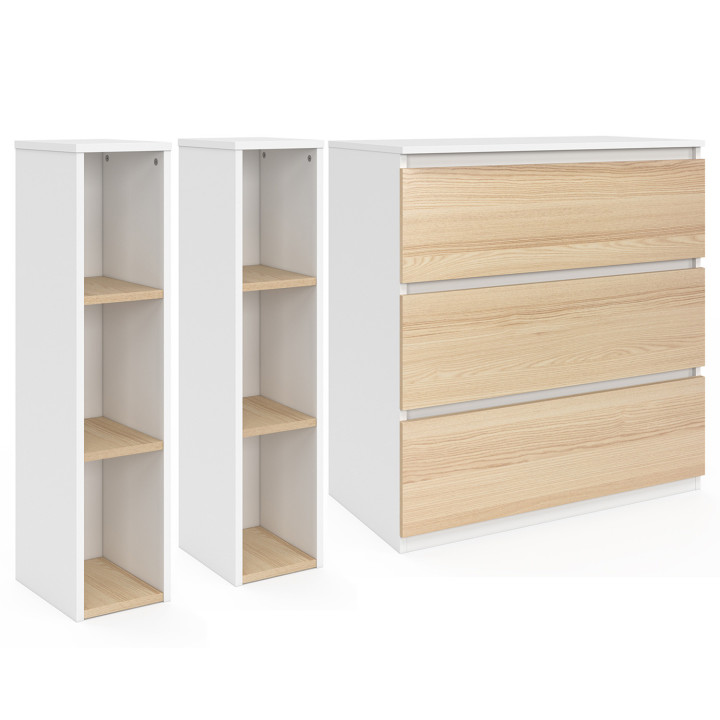 AMBRE commode, afwerking beuken en wit 3 laden, commode en 2 uitneembare planken
