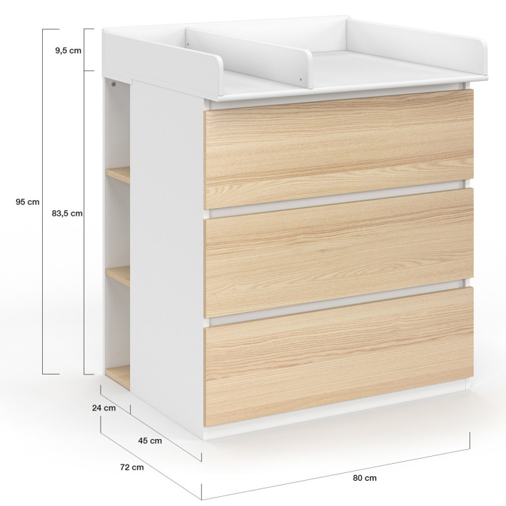 AMBRE commode, afwerking beuken en wit 3 laden, commode en 2 uitneembare planken