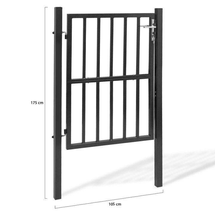 Portillon de jardin barreaudé 105 x 125 cm en acier gris anthracite avec serrure et poignée Portillon de jardin barreaudé 105 x 125 cm en acier gris anthracite avec serrure et poignée