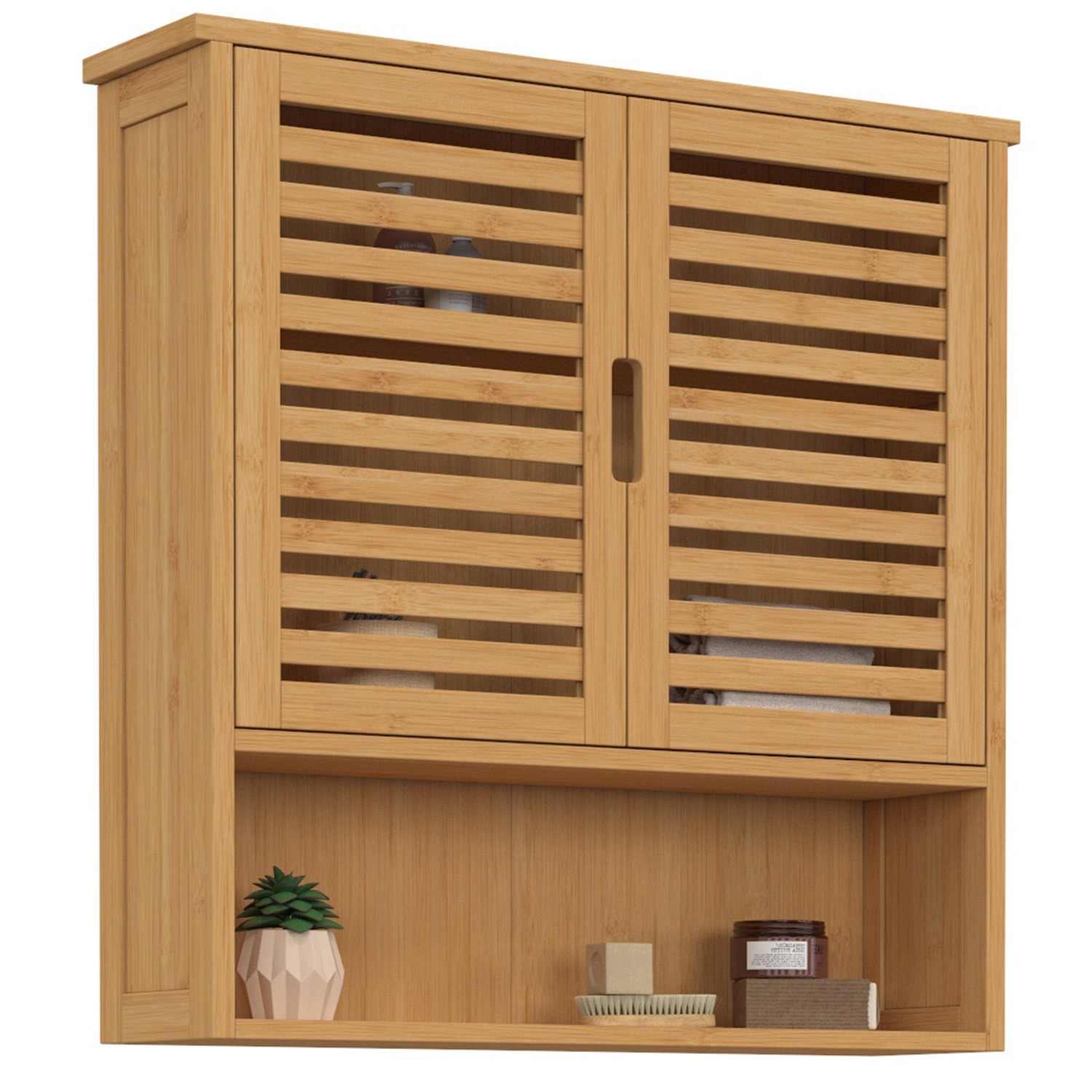 Armoire de salle de bain murale en bambou 2 portes et étagère