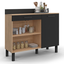 16579 - Aparador bajo de cocina en madera efecto haya, 100 cm, puerta negra + cajón Aparador de cocina bajo 100cm madera haya puerta + cajón negro - CINA | ID Market