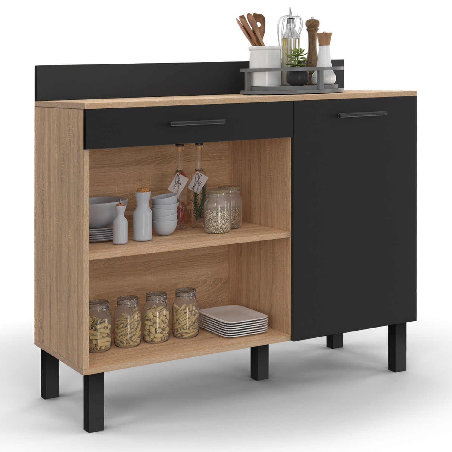 Buffet bas de cuisine en bois façon hêtre 100 cm porte + tiroir noir