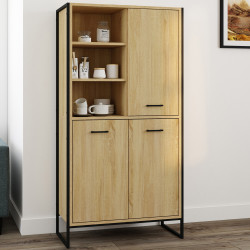 15917 - Buffet haut style industriel 160 cm bois et métal avec rangement Buffet haut H. 160 cm DETROIT 3 portes avec tiroir design industriel