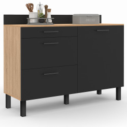 Buffet bas casserolier de cuisine 120 CM CINA plan de travail H.83 cm 1 porte + 3 tiroirs façon hêtre et noir