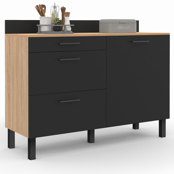 Buffet bas casserolier de cuisine 120 CM CINA plan de travail H.83 cm 1 porte + 3 tiroirs façon hêtre et noir