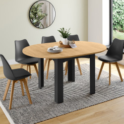 15557 - Table ronde extensible 4-8 personnes noir et bois Table à manger extensible ronde DONA 4-8 personnes noire plateau façon hêtre 110-150 cm