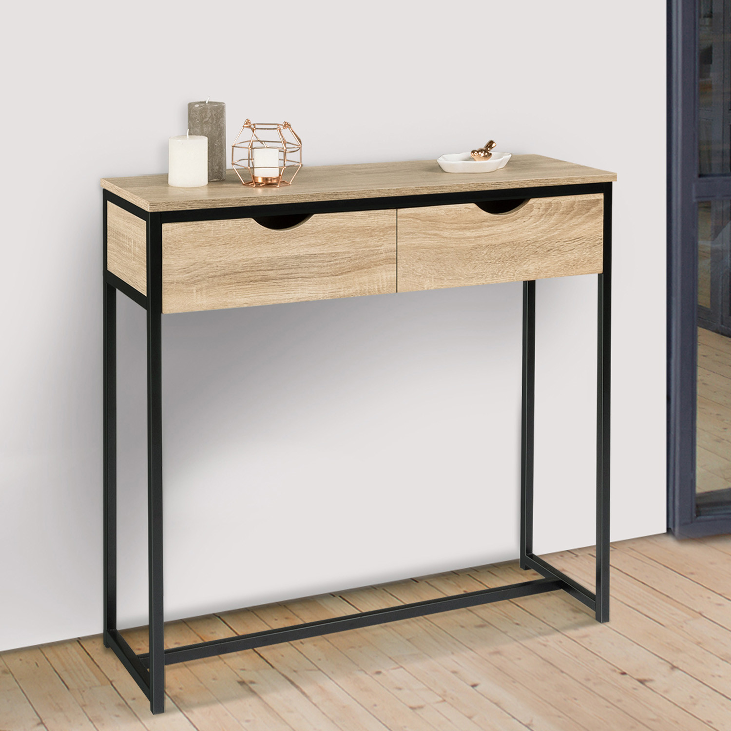 Meuble console industrielle 2 tiroirs bois et métal 90 cm