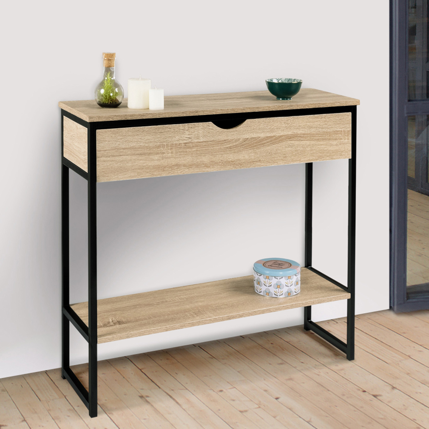 Console IDMarket Detroit 1 Cassetto E 1 Mensola, Legno E Metallo Bianco, Stile Industriale