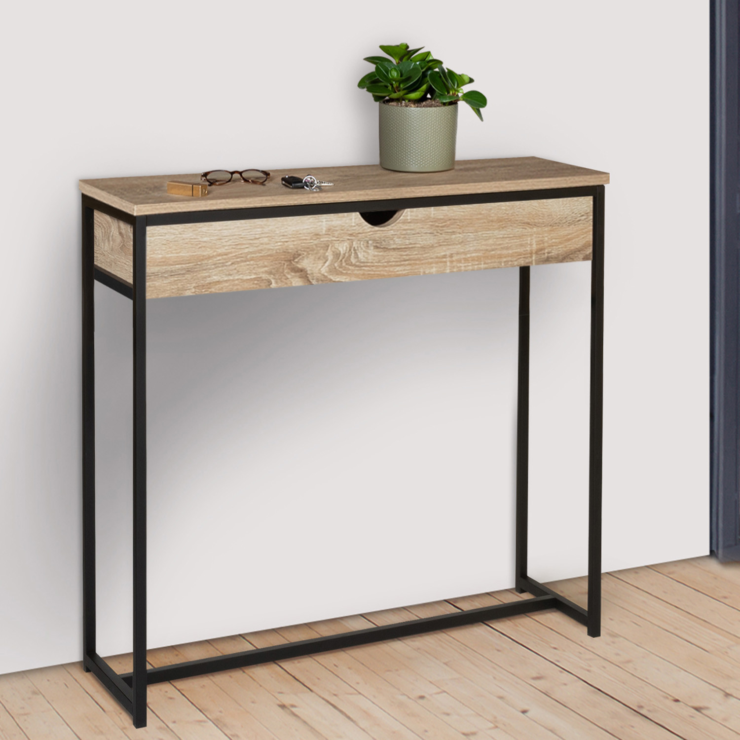 Meuble console industrielle bois et métal 90 cm